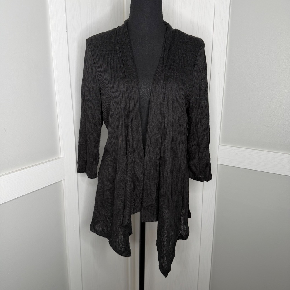 NY Collection Cardigan Women L/XL Black Ribbed Open Front Draped XBTR0165
